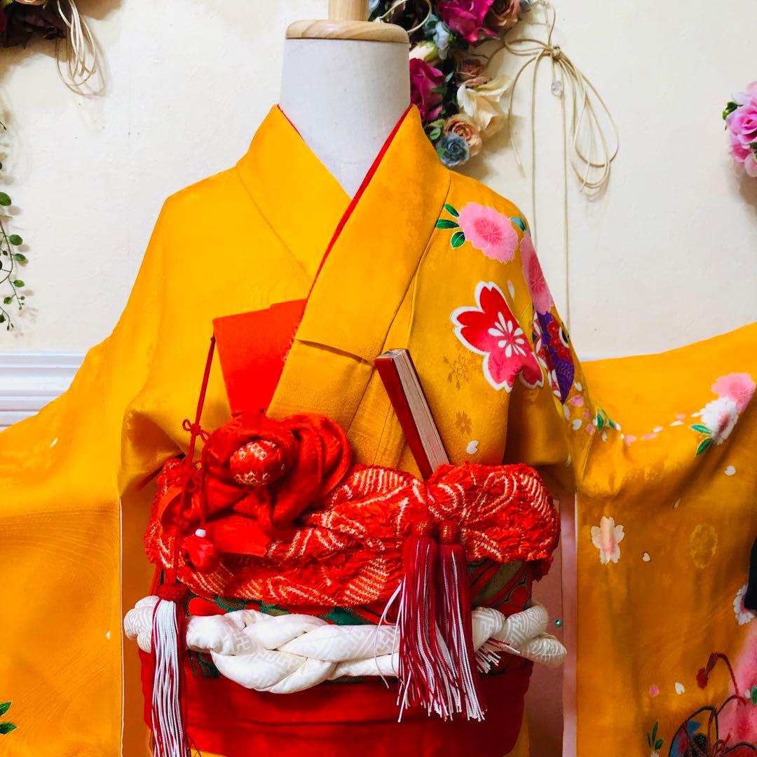 七五三七歳‼豪華黄色赤地可愛い❤️手毬桜金彩金箔煌びやか際立つ‼️完全フルセット絢爛