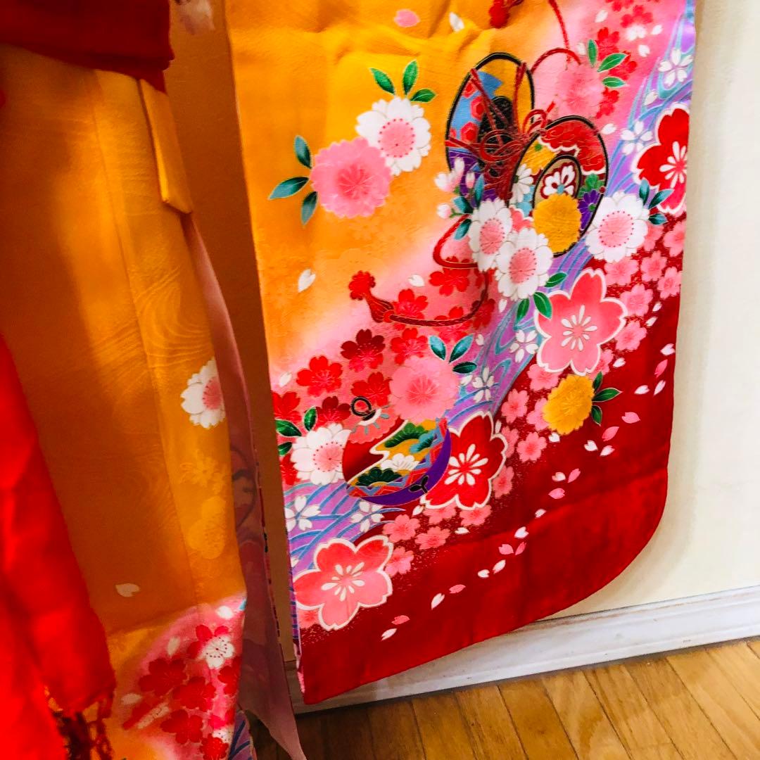 七五三七歳‼豪華黄色赤地可愛い❤️手毬桜金彩金箔煌びやか際立つ‼️完全フルセット絢爛