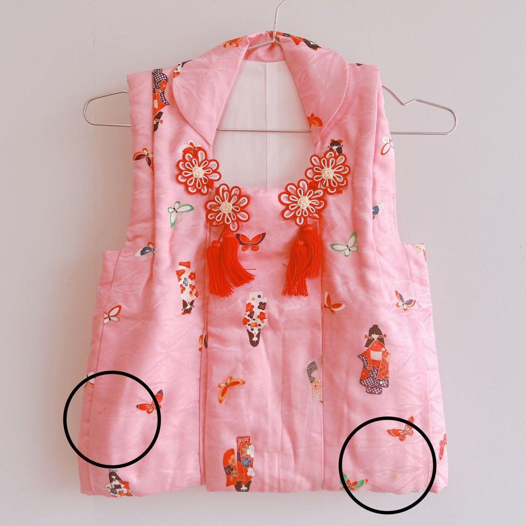 七五三　3歳女の子　長着被布セット　ピンク　巾着　地紋　鶴　金プリント　蝶