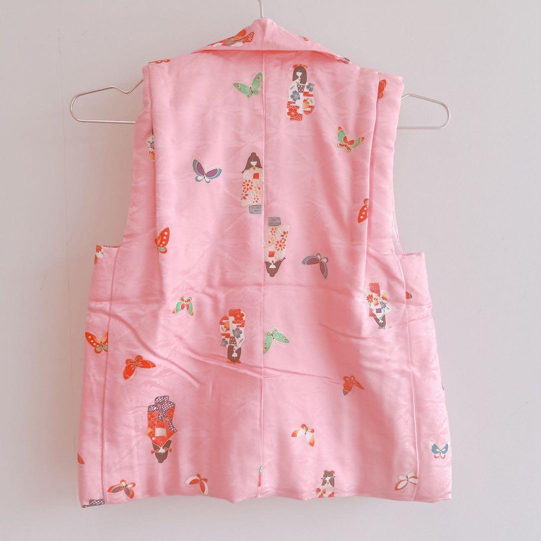 七五三　3歳女の子　長着被布セット　ピンク　巾着　地紋　鶴　金プリント　蝶