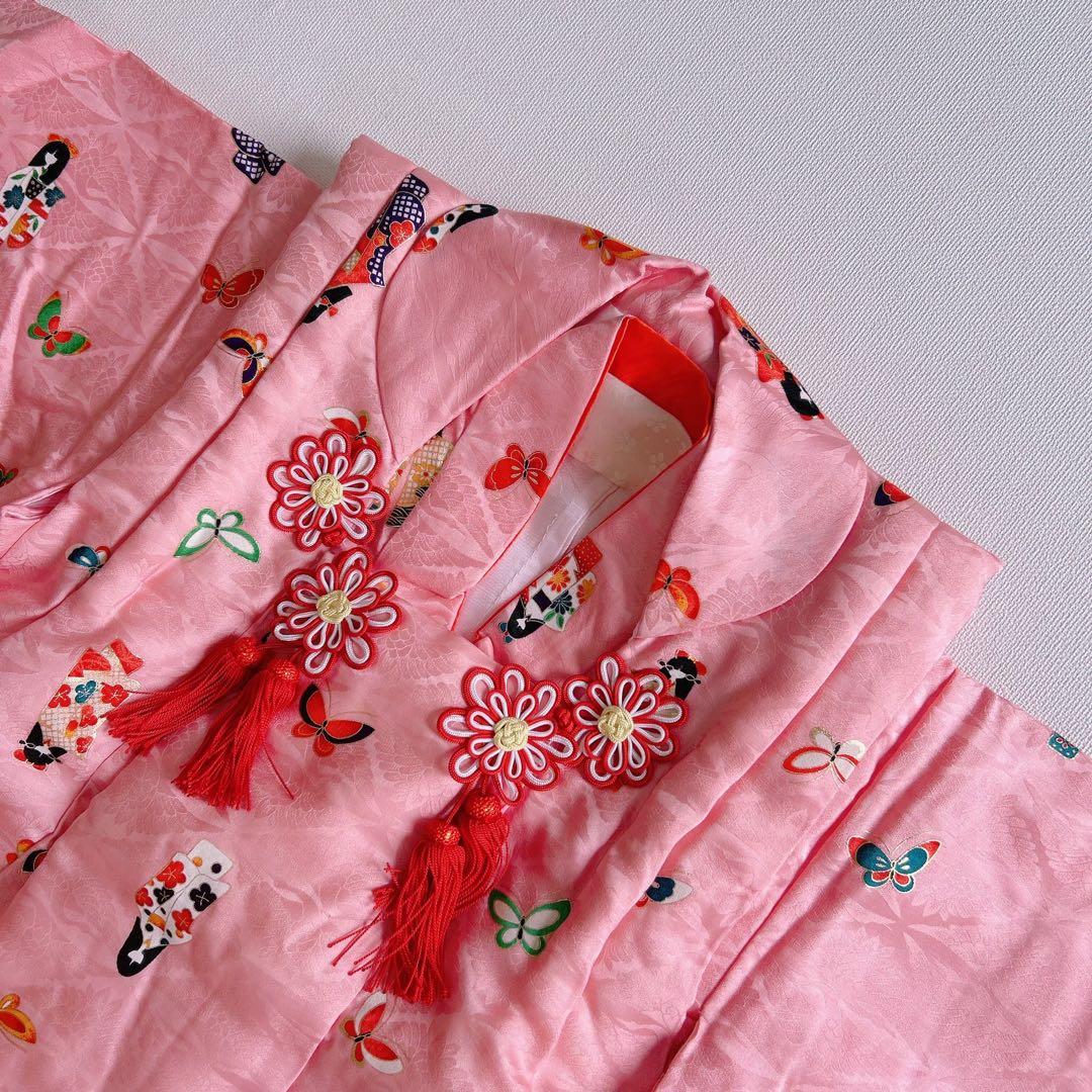 七五三　3歳女の子　長着被布セット　ピンク　巾着　地紋　鶴　金プリント　蝶