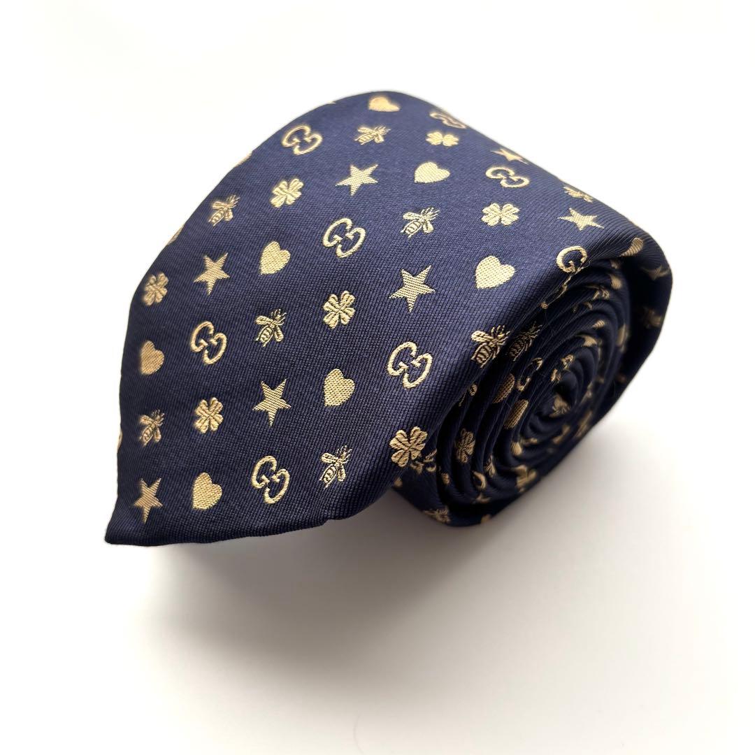 ꧁美品꧂ グッチ ネクタイ ナロータイ GG柄 スター ハート ハチ ネイビー