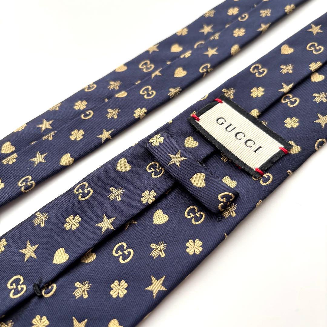 ꧁美品꧂ グッチ ネクタイ ナロータイ GG柄 スター ハート ハチ ネイビー