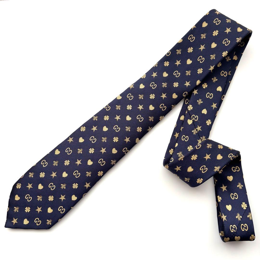 ꧁美品꧂ グッチ ネクタイ ナロータイ GG柄 スター ハート ハチ ネイビー