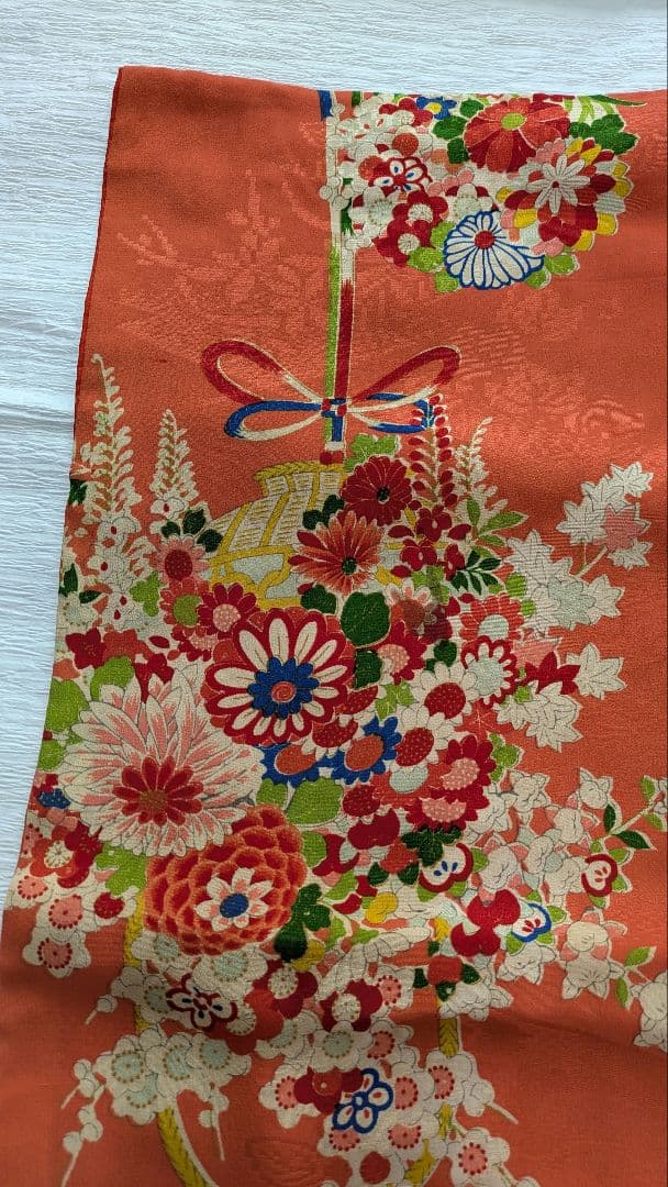 7歳　レトロ正絹珊瑚色花籠　七五三　お着物・帯セット　アンティーク