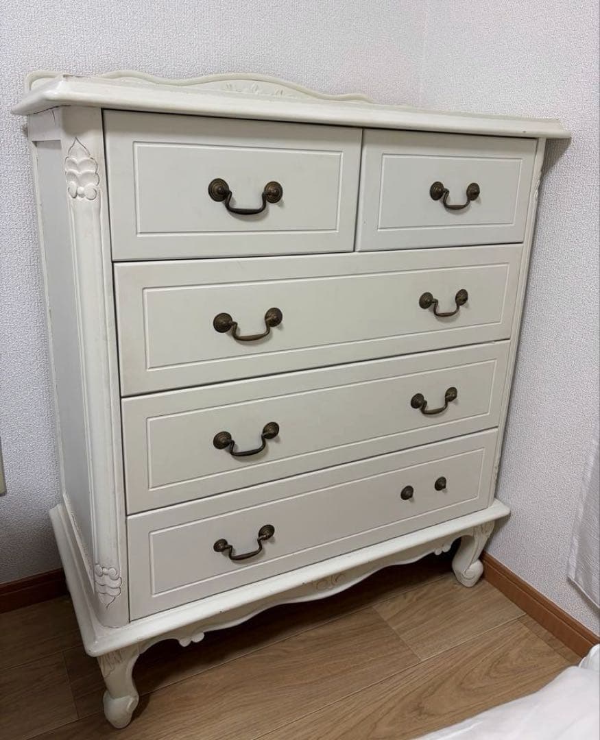 アンティーク　ロココ調　ホワイト木製チェスト　フレンチカントリー