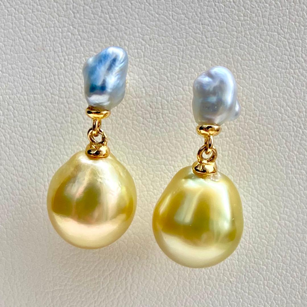 本真珠南洋白蝶真珠ピスタチオグリーンとブルー無調(ケシ)s925ピアスBL940