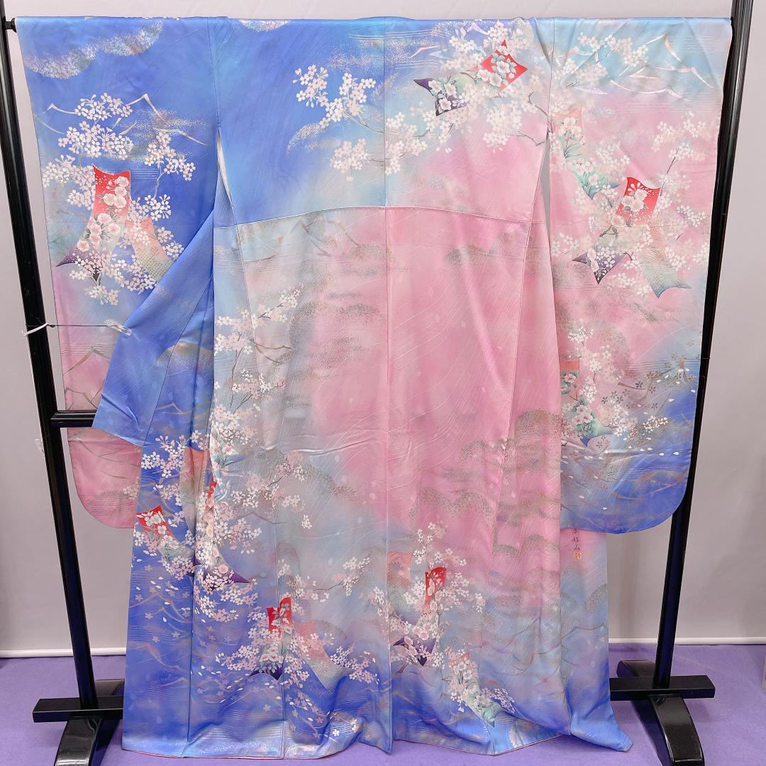 ★4092★ 振袖 単品 袷 スカイブルー ピンク色 レトロ品