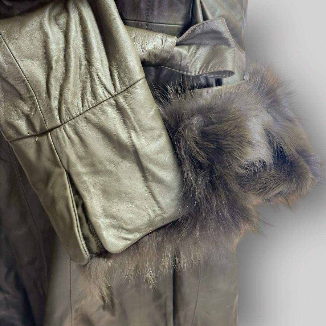 高級 モンプレジール ファー付き ラムレザー ロングコート L 本革 ライダース