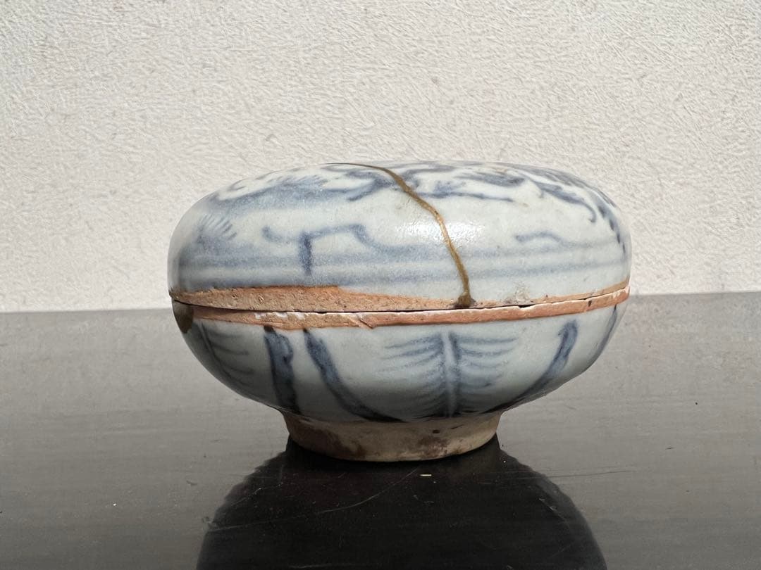 安南 染付 尾長鳥文様 吉祥紋 香合 金直し 骨董 古美術