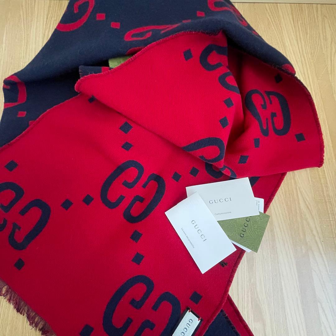美品　付属品完備　GUCCI グッチ　GGジャガード マフラー ネイビー/レッド