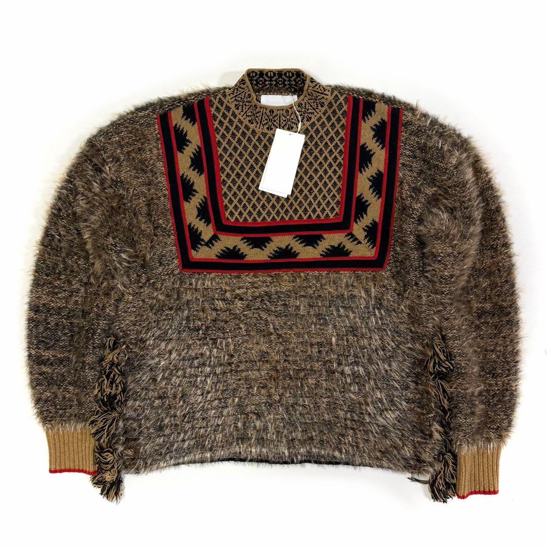 マメクロゴウチ タグ付き エスニック柄フリンジ ニット セーター ブラウン M