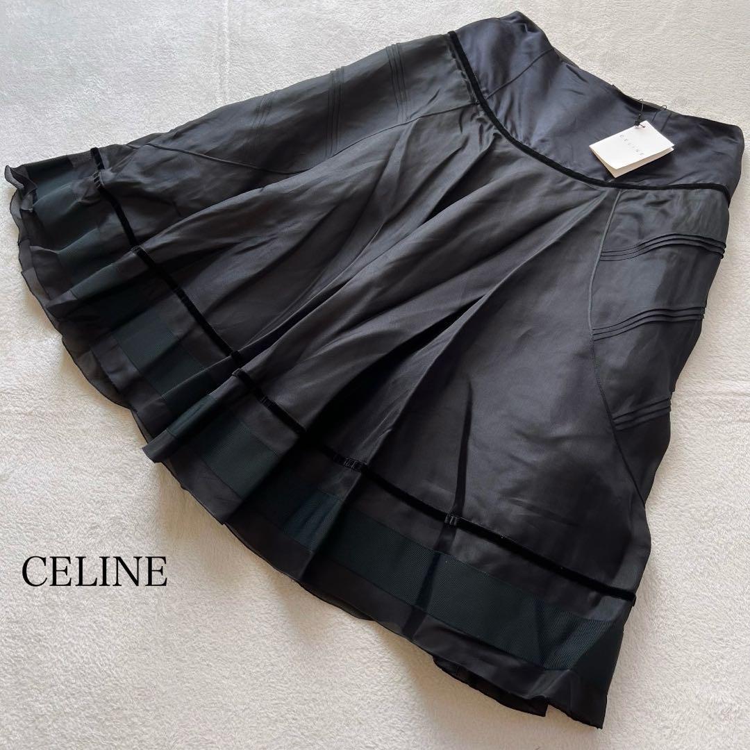 【タグ付 シルク100%】CELINE フレアスカート ベルベット ブラック S