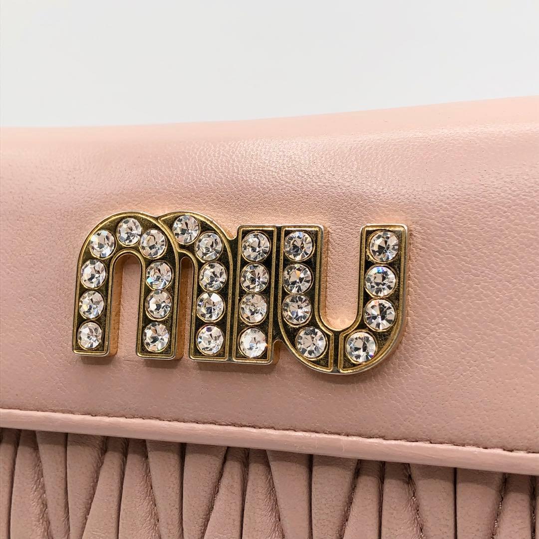 ミュウミュウ マテラッセ 折り財布 クリスタル ビジュー ピンク レザー