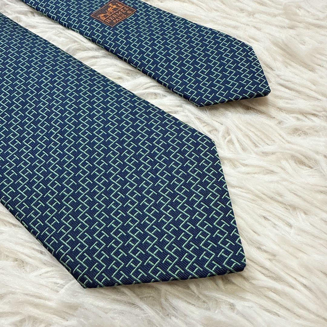 【未使用】HERMES ネクタイ H柄 シルク100% ネイビー グリーン