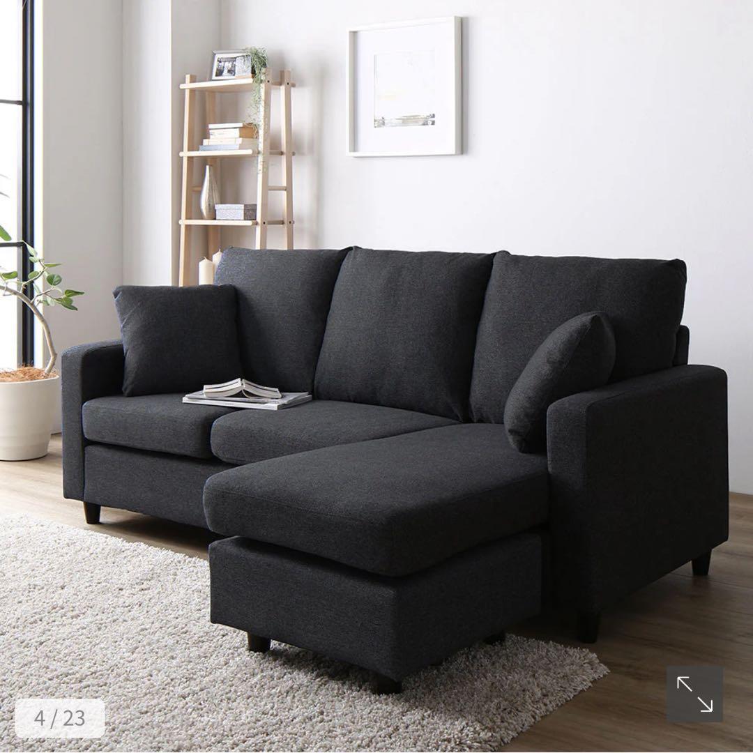 らしく 広々使える 3人掛け カウチソファ ブラック - 3人掛け