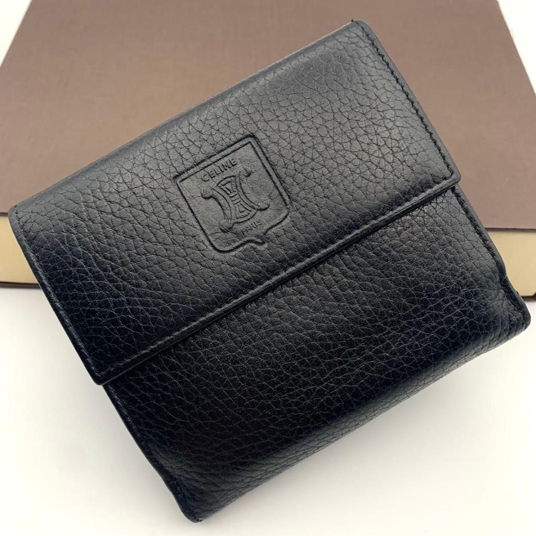 鑑定済み セリーヌ 三つ折り 財布 トリオンフ コンパクト ミニ レザー 革 黒