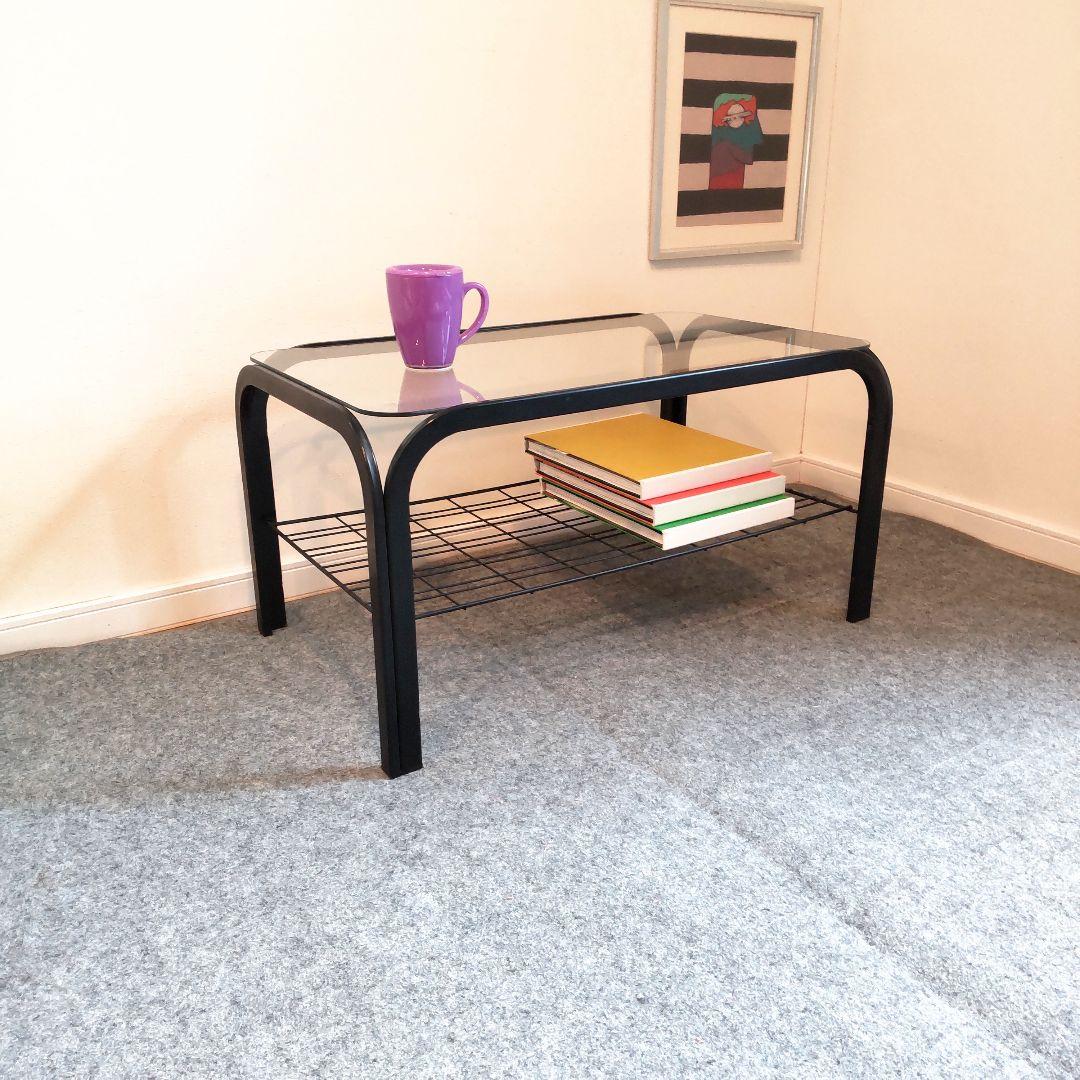 ヴィンテージ　ガラスコーヒーテーブル　昭和レトロ　網棚　メタルフレーム