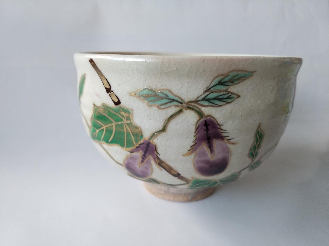 京焼 平安 巌窯 山川敦司 作 粉引 茄子 茶碗 共箱 共布 栞 抹茶碗 新品