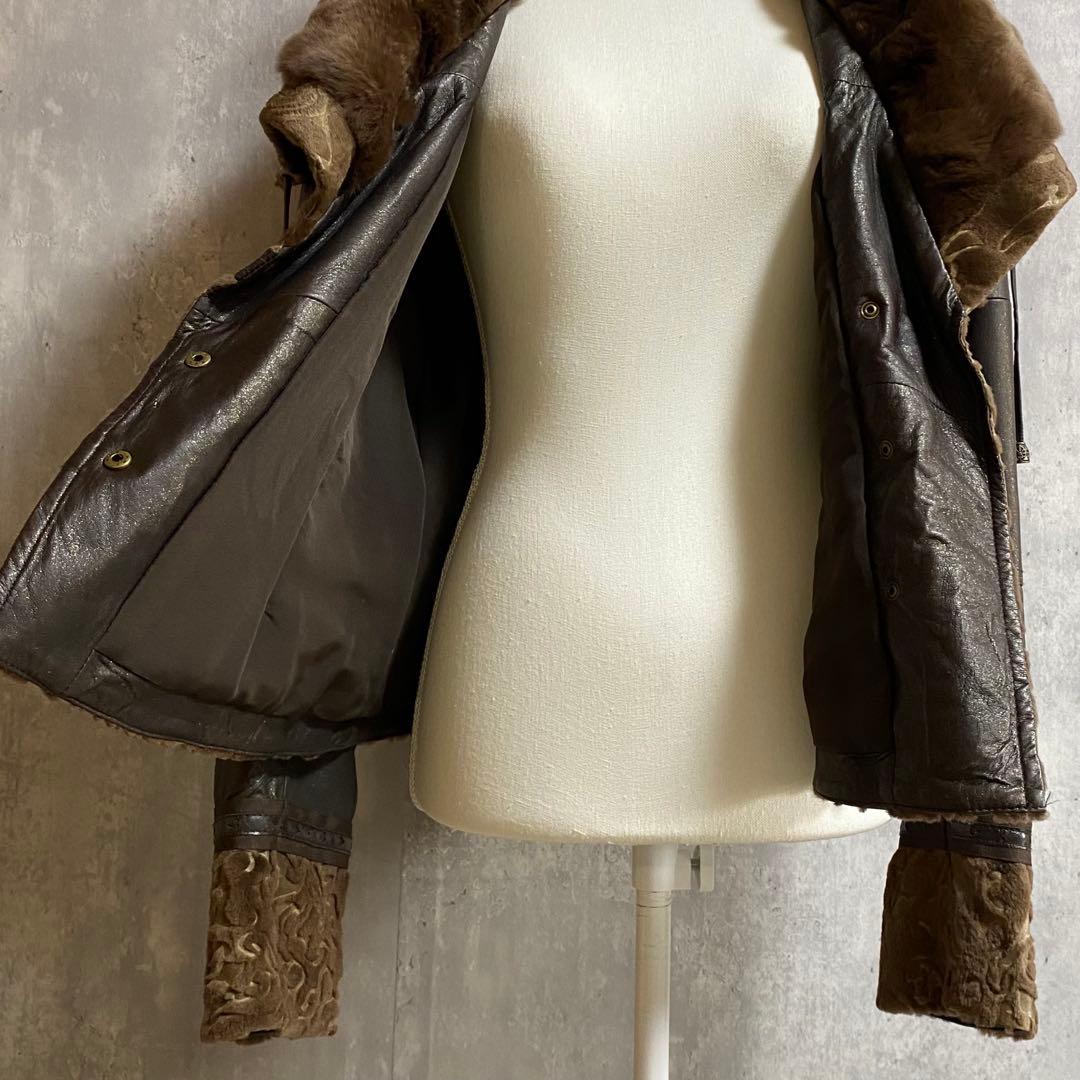 VINTAGE 希少デザイン レッキスファー ラムレザー ジャケット ラメ加工