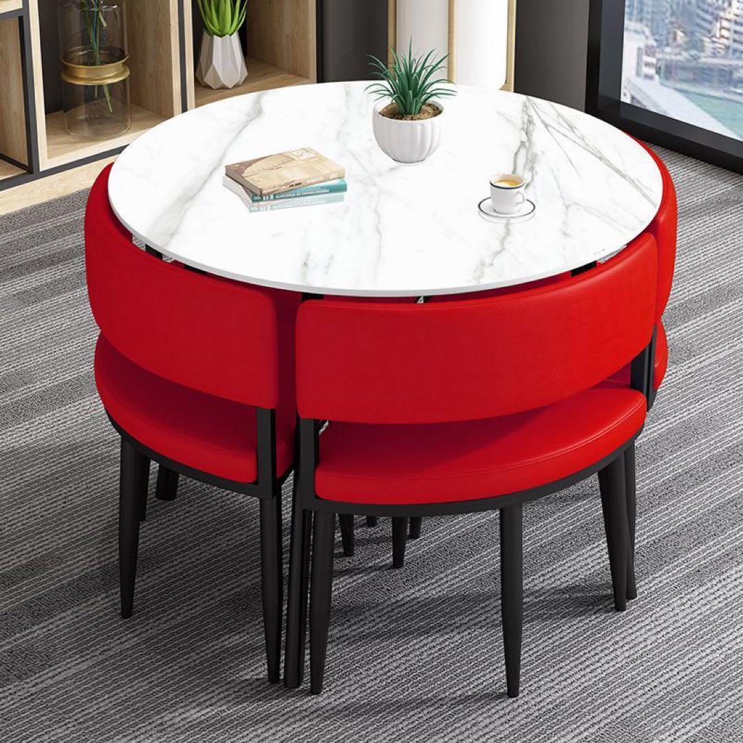 大理石調 円形ダイニングセット チェア収納式