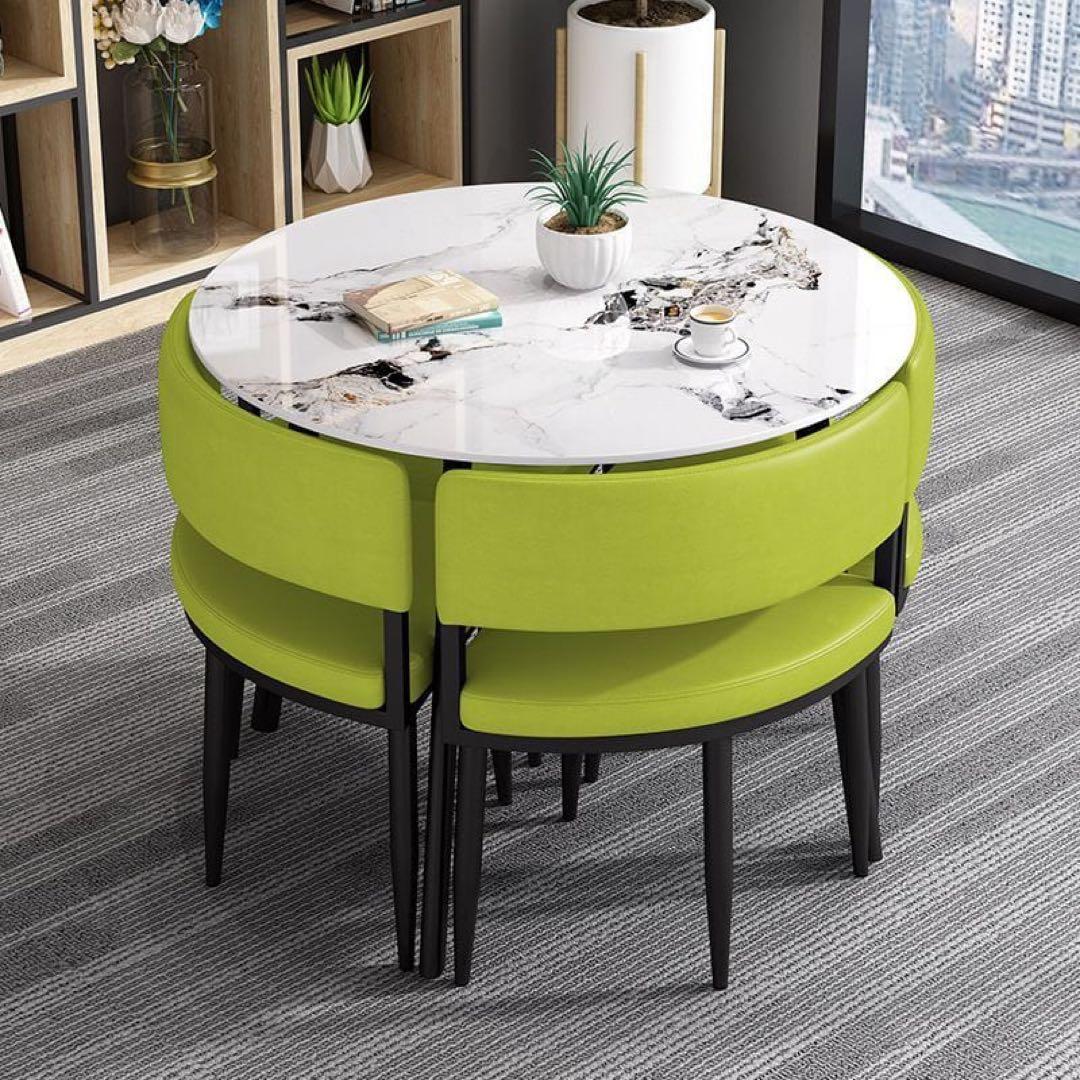 大理石調 円形ダイニングセット チェア収納式