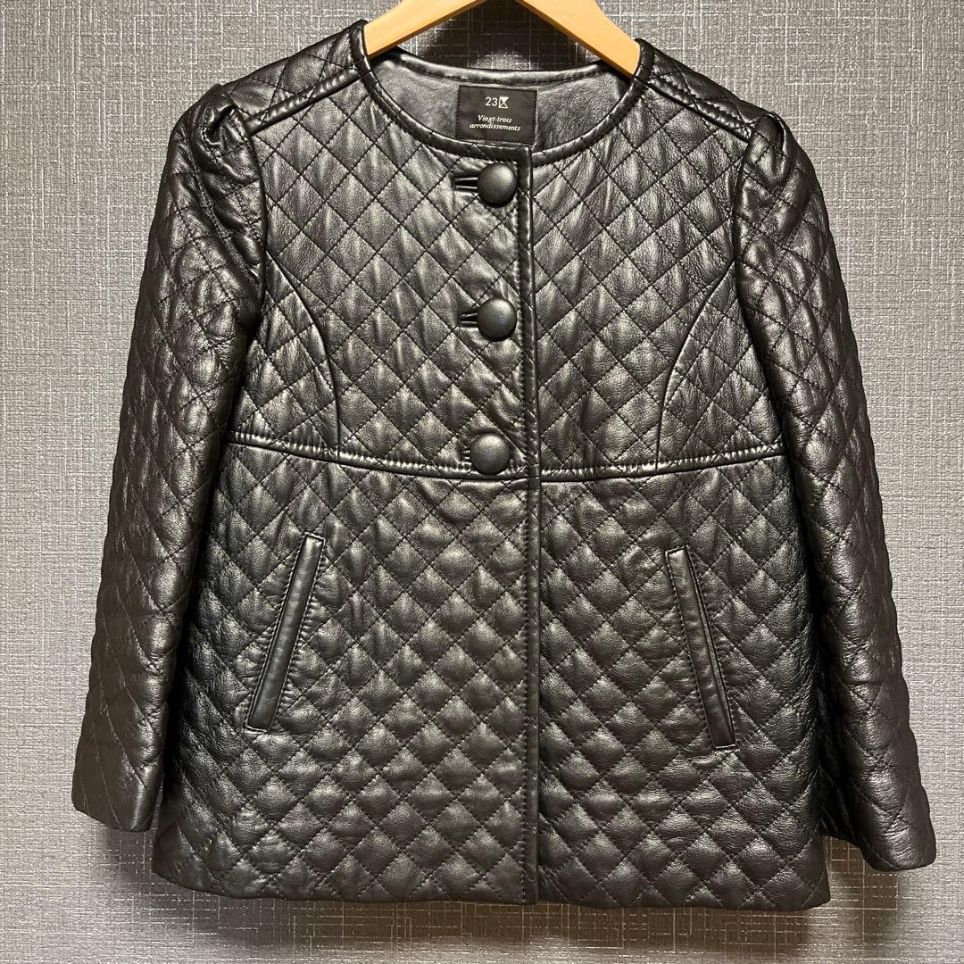 【美品 】23区 ラムレザー キルティングノーカラージャケット ブラック 38
