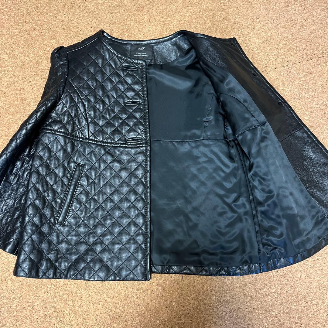 【美品 】23区 ラムレザー キルティングノーカラージャケット ブラック 38