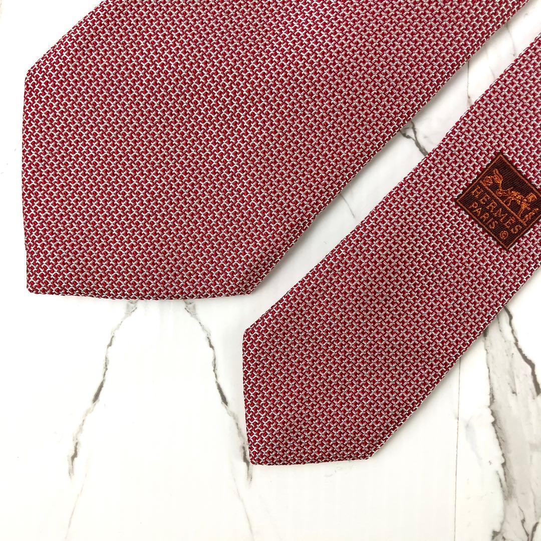 HERMES エルメス　ネクタイ　H柄　H織　ジャガード　光沢　レッド
