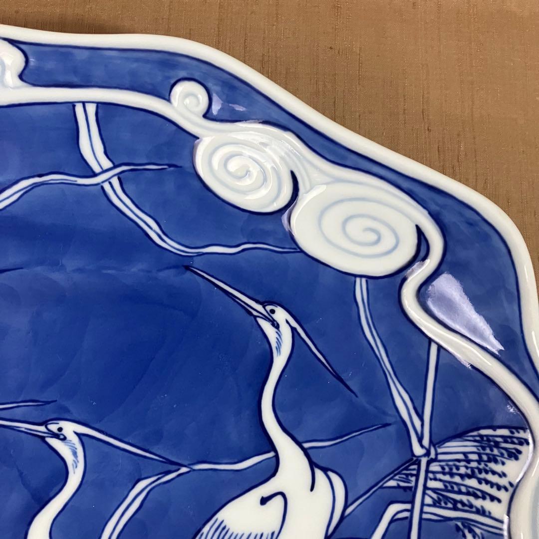 辻精磁社　14代　辻常陸　大皿　染付流水白鷺文　飾り皿 有田焼　辻製