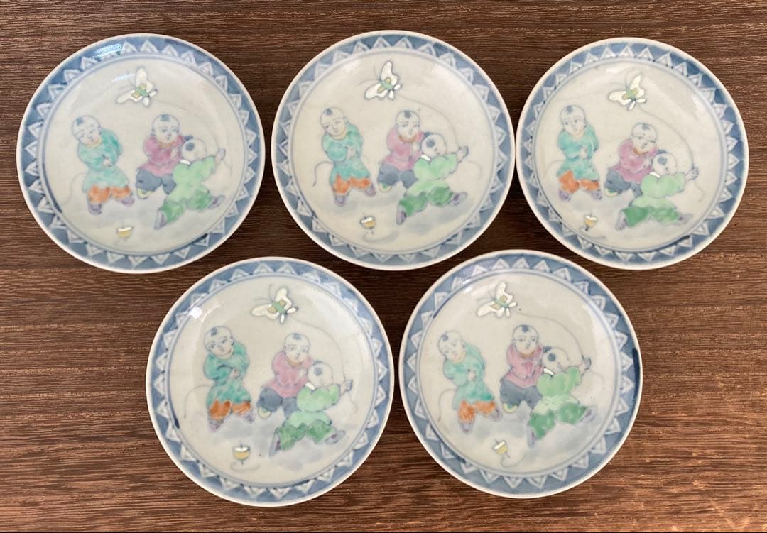 佐藤走波（五代）染錦　唐子遊図　三寸皿5枚