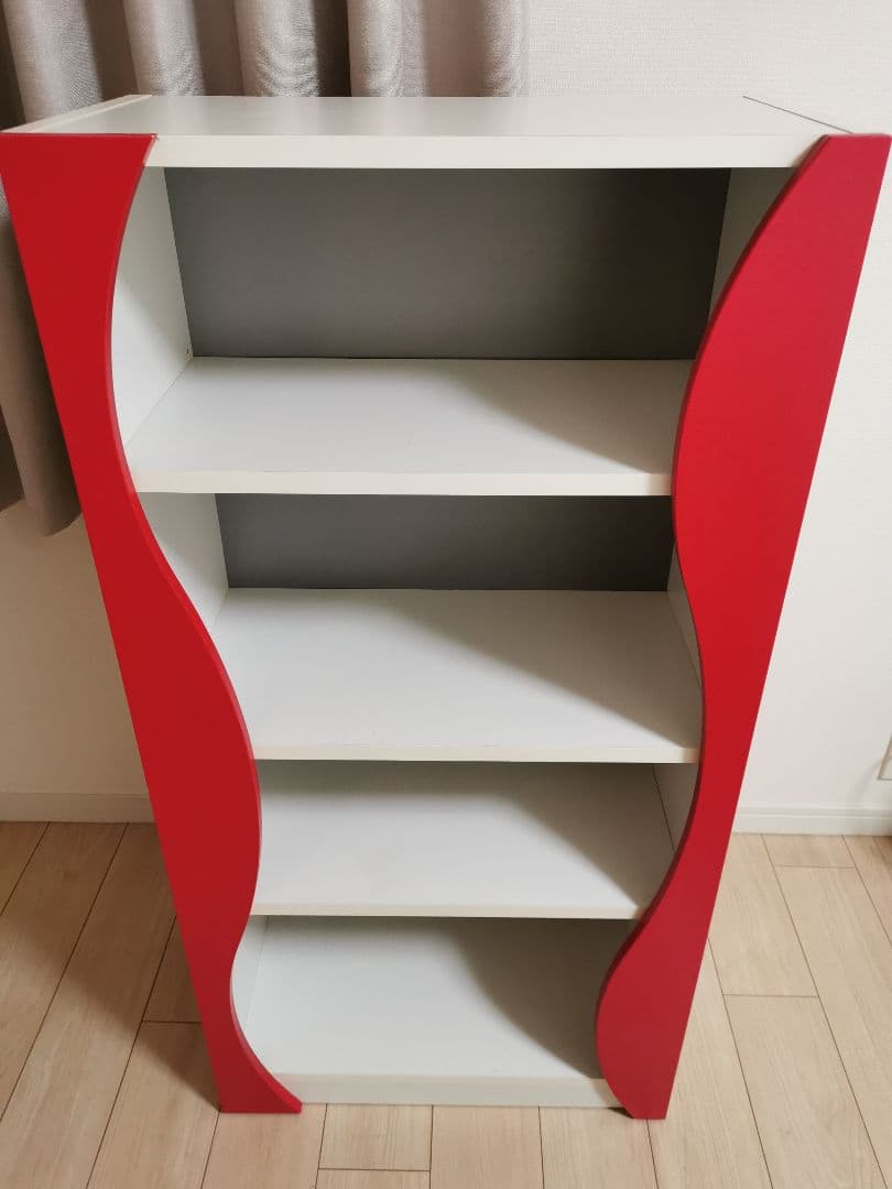 棚　本棚　波形デザイン木製ラック 4段 赤白　レトロ　高橋木工所　東京インテリア