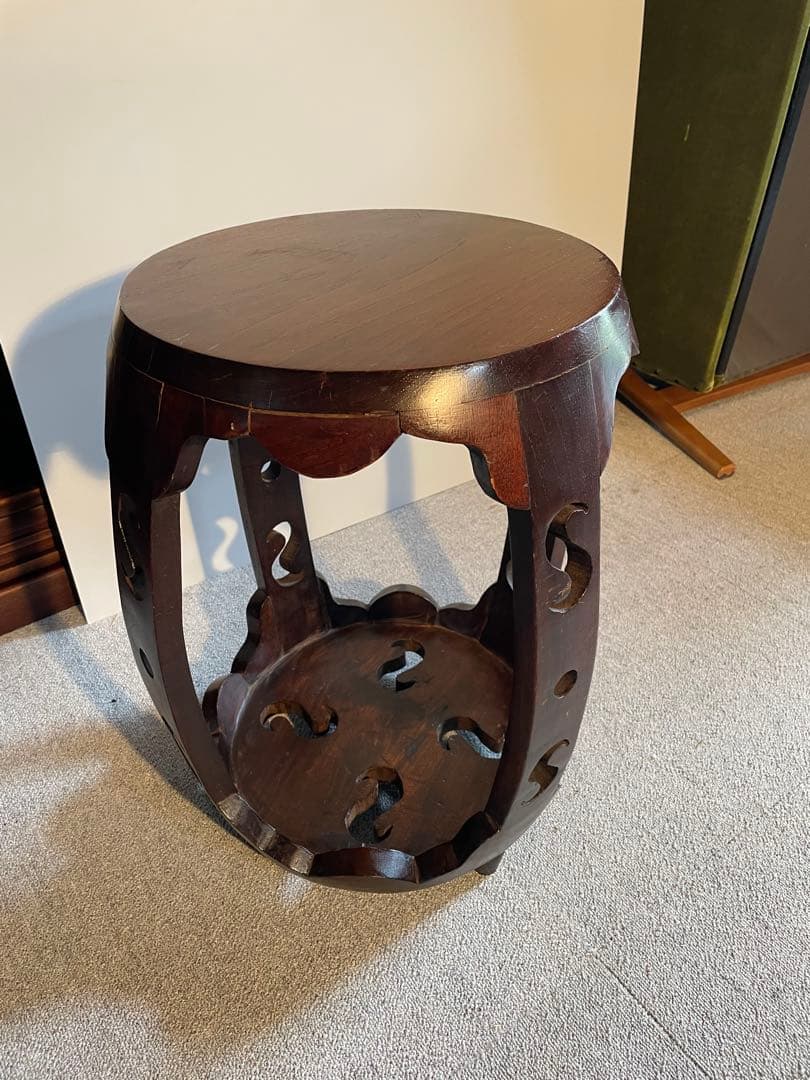 中華風 花台 飾り台 スツール 木製 透かし彫り アンティーク調