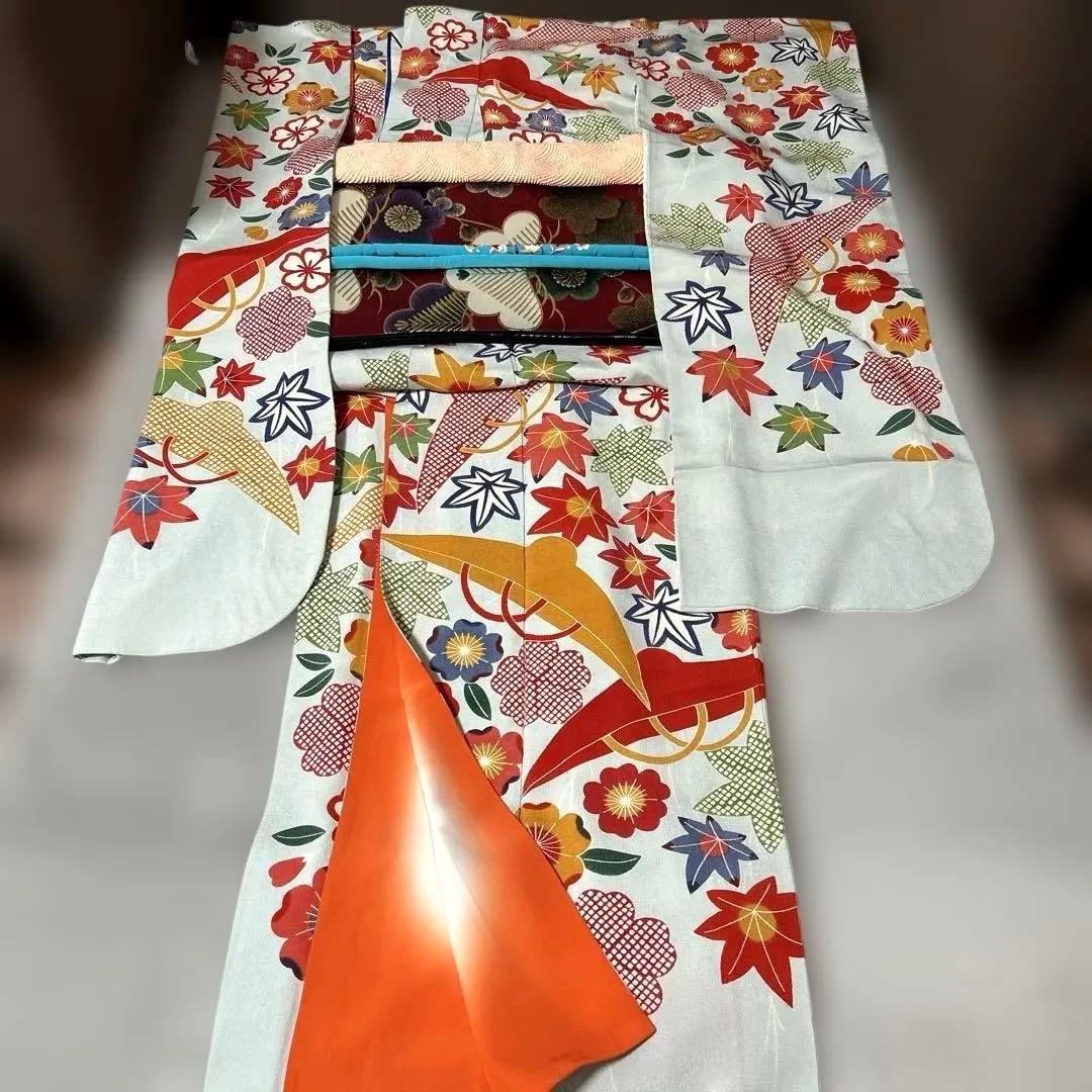 振袖と長襦袢のセット　栗山吉三郎　落款あり　京紅型　桜楓市女笠 　水色　小柄な方