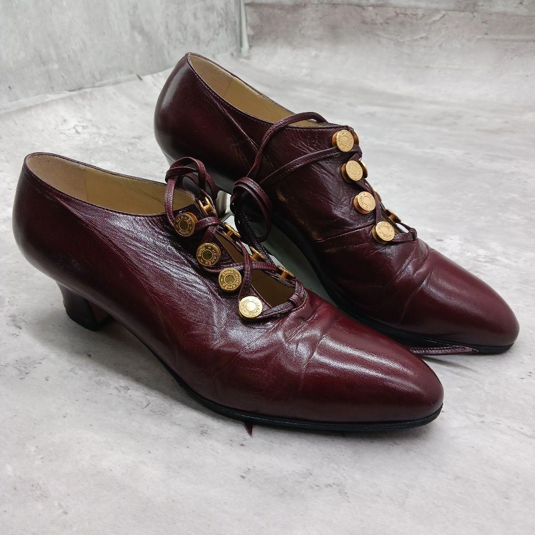 ✨極美品✨ エルメス ヒール レザー セリエボタン パンプス 38 ワインレッド