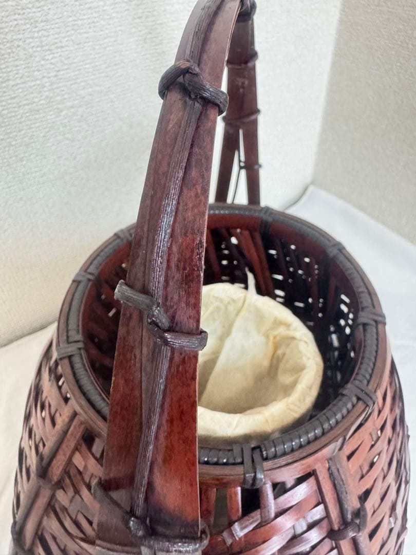 京竹工芸花籠　竹籠　花入　茶道具平安竹美斎　未使用