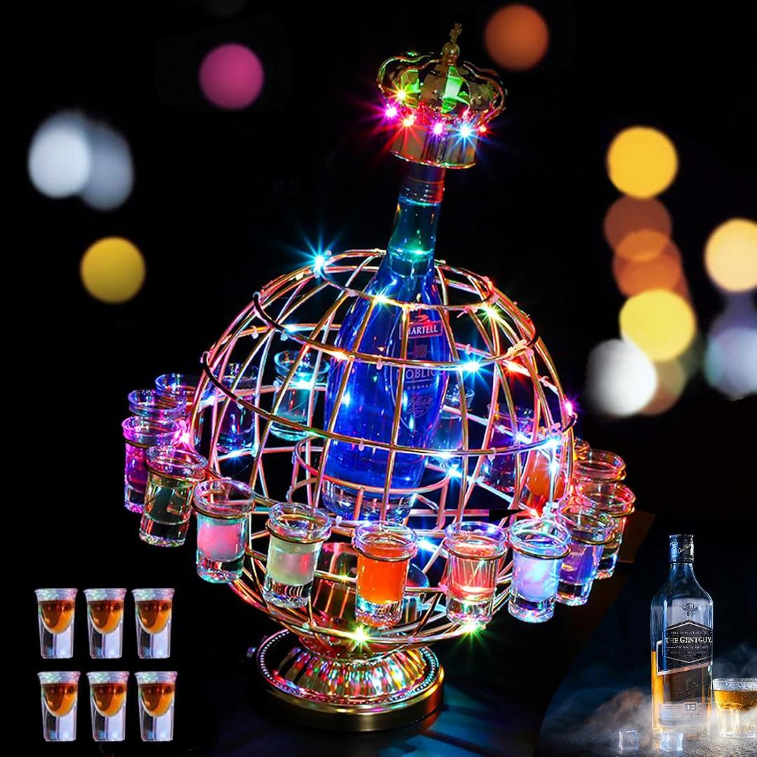 光るカクテルラック テキーラ観覧車 12カップ テキーラ地球儀LED酒ボトルの棚