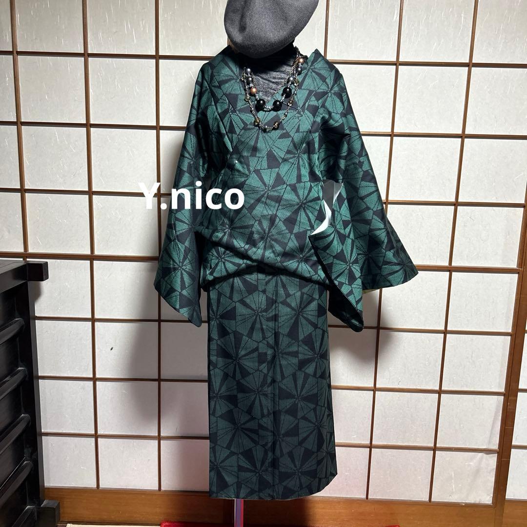 M 着物リメイク 正絹 黒緑 紬 簡単二部式巻スカセットアップ