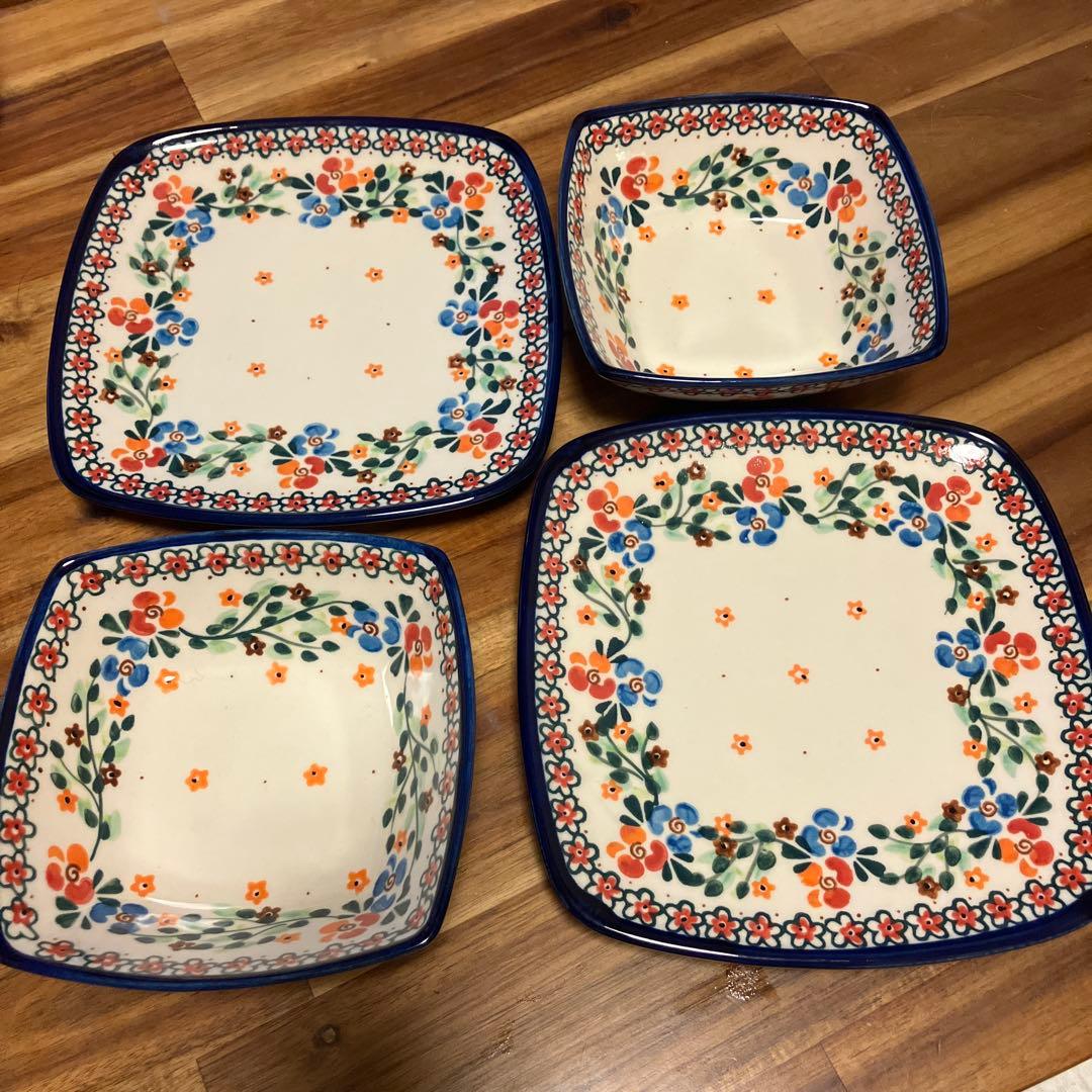 ポーリッシュポタリー角皿4枚セット