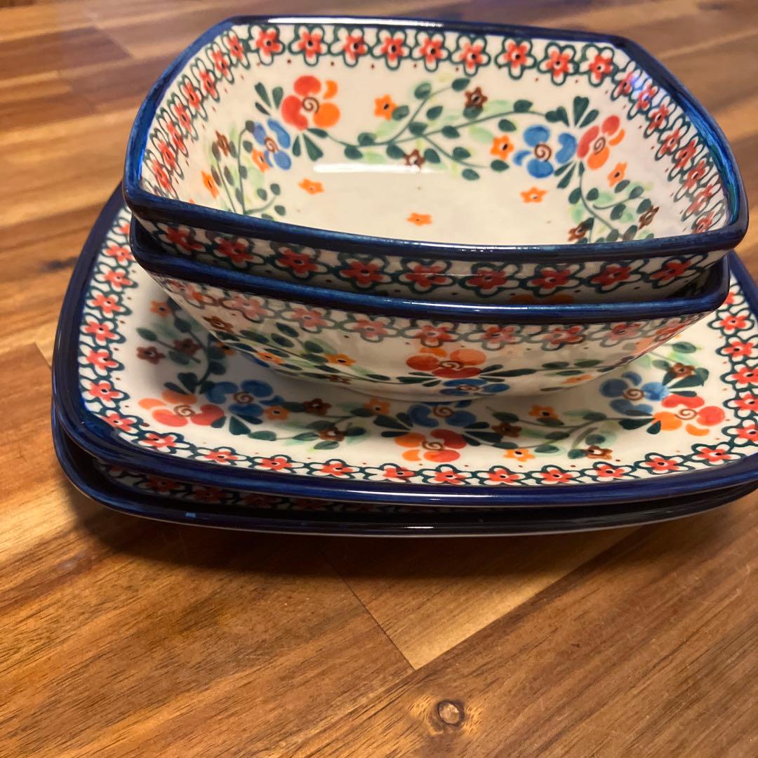 ポーリッシュポタリー角皿4枚セット