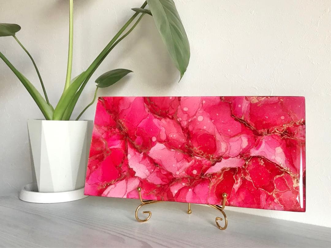 アルコールインクアート　インクアート　アートパネル　赤　ゴールド　インテリア