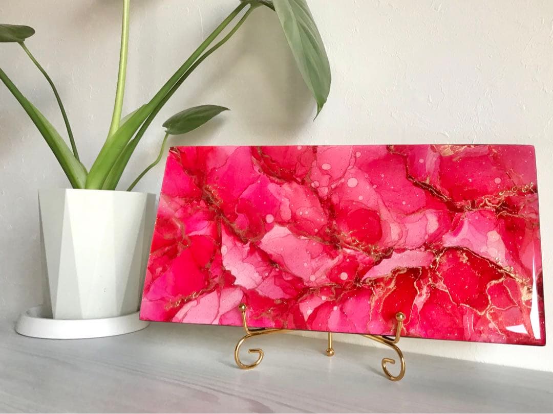 アルコールインクアート　インクアート　アートパネル　赤　ゴールド　インテリア