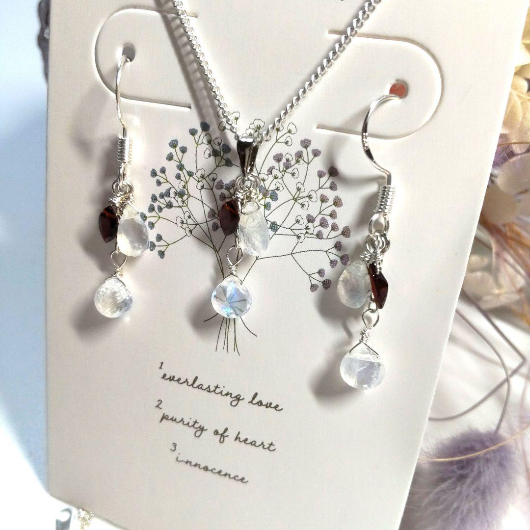 宝石質ガーネット、高品質レインボームーンストーンピアスとネックレスセット