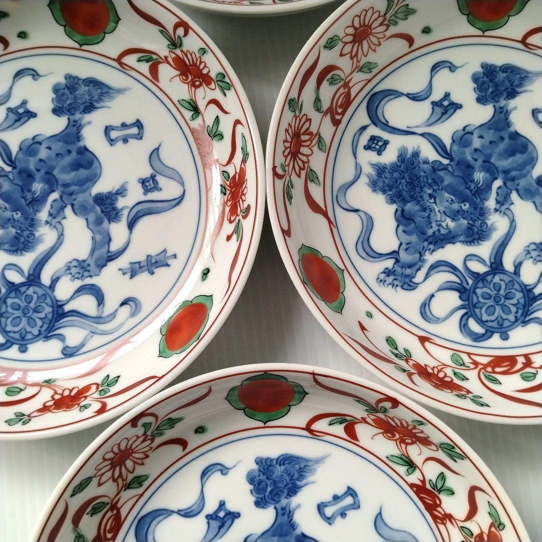 たち吉 橘吉 赤絵 草花丸紋 染付 獅子 古伊万里 中皿 和食器 深皿 5客揃