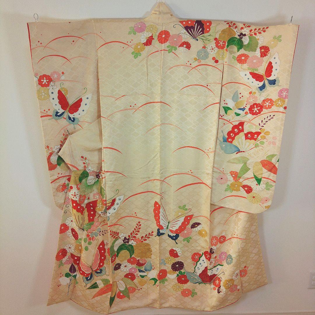 格安！　振袖フルセット　8点　成人式　結婚式　前撮り　蝶々　クリーム色　袋帯　白