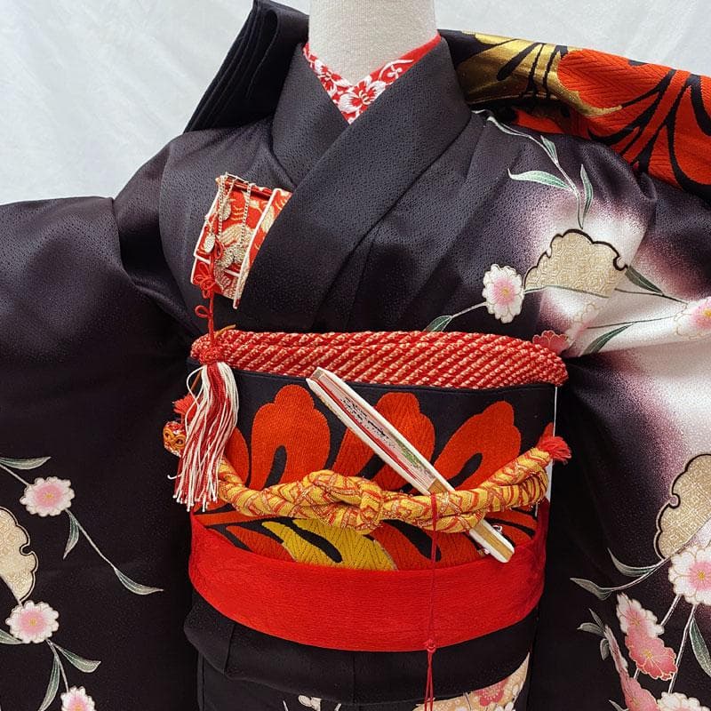 509ag30◎七五三 七歳 女児 着物&袋帯 金彩 枝垂桜 黒◎