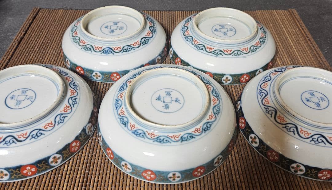 江戸時代末期　献上古伊万里様式　錦手　鳳凰に桐葉文　15.5cm   深皿　5客