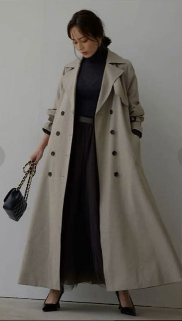 anuans ウールブレンドフレアトレンチコート　ベージュ