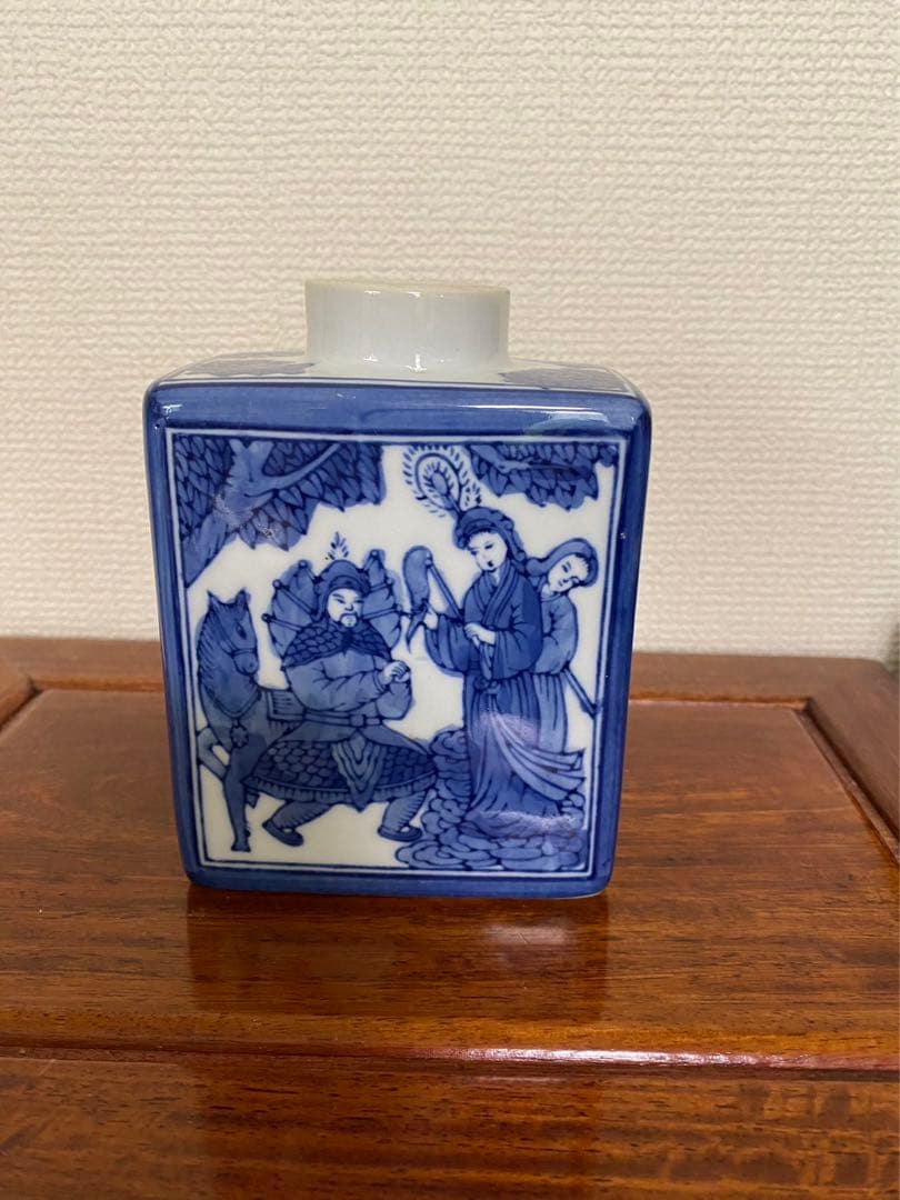 太平天国 青花磁器 文官武将聖母図　茶葉罐 茶壺　蓋欠無傷 古玩 骨董品