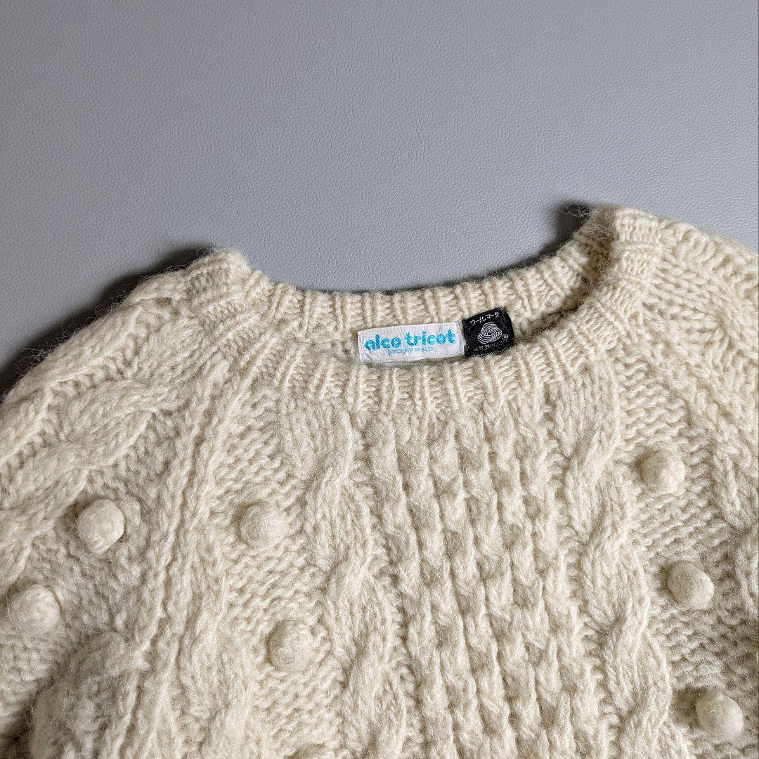 ヴィンテージ 手編みハンドメイドフィッシャーマンニット／アランニットホワイト　白
